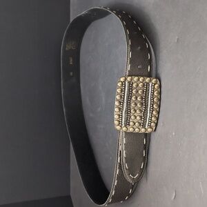Avion Women's Black Leather Belt with A Large Ornate Studded Buckle.